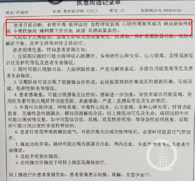 病例顯示，昏迷的許高雙系食物中毒等所致。